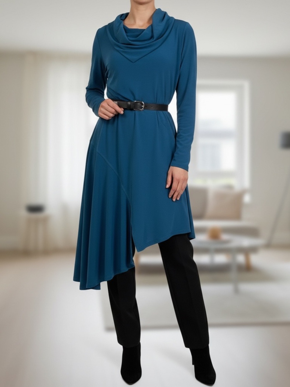 Asymmetrical Teal Cowl-Neck Long Sleeve Dress